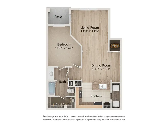 Chic floor plan showcasing an open-concept living room, elegant dining area, cozy bedroom, modern kitchen, and inviting patio in Murfreesboro.