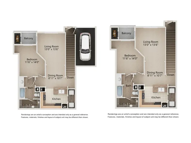 Charming duplex floor plan featuring a single bedroom with balcony, open living and dining areas, convenient kitchen layout, and an attached garage in a cozy residential setting in Murfreesboro, TN.