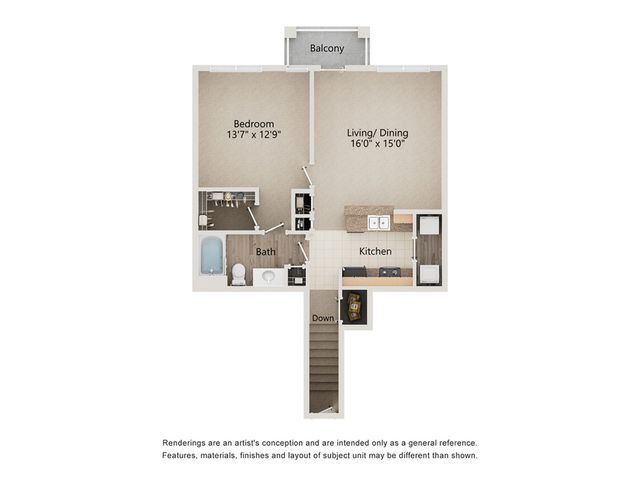 Charming floor plan showcasing a spacious 1-bedroom apartment with a modern kitchen, inviting living/dining area, cozy balcony, and pristine bathroom in Murfreesboro, TN.
