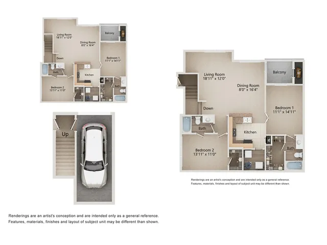 Elegant floor plan showcasing a two-story apartment with 2 bedrooms, 2 baths, a spacious living room, dedicated dining area, and modern kitchen, complete with a balcony and attached garage on the ground floor in Murfreesboro.