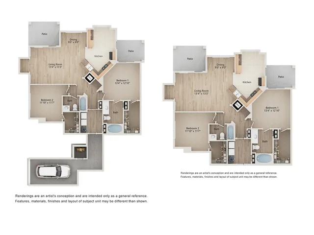 Modern floor plan showcasing two identical layouts with two bedrooms, open-concept kitchen, spacious living room, dining area, three bathrooms, and dual patios. Includes convenient garage access Murfreesboro, Tennessee.