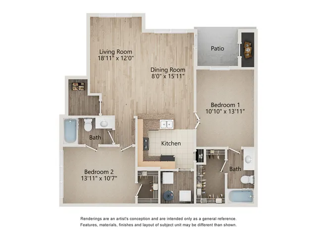 Inviting 2-bedroom floor plan with spacious living room, dining area, modern kitchen, and charming patio Murfreesboro, TN.