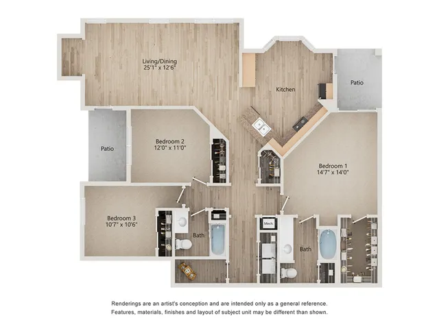 Elegant 3-bedroom apartment floor plan with spacious living and dining area, modern kitchen, two patios, and two bathrooms in Murfreesboro, TN.