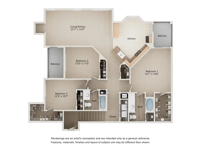 Inviting floor plan showcasing 3 bedrooms, open living/dining area, modern kitchen, and dual balconies in Murfreesboro.