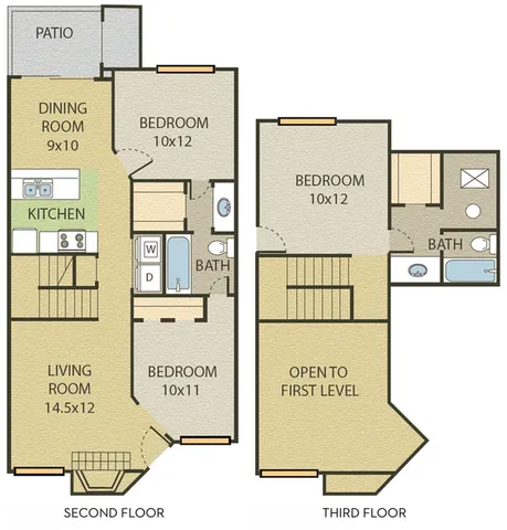 Elegant multi-level floor plan showcasing three bedrooms, open-concept living area, chic kitchen, and private patio at Cottonwood Apartments in Millcreek