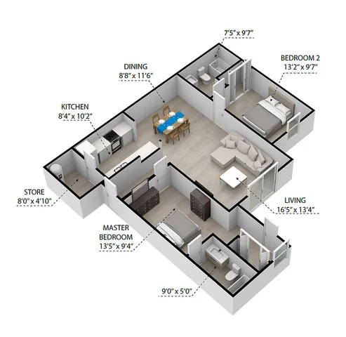 The Buckingham | 2 Bed 2 Bath | 1036 sq ft | Crown Pointe Apartments in Georgetown