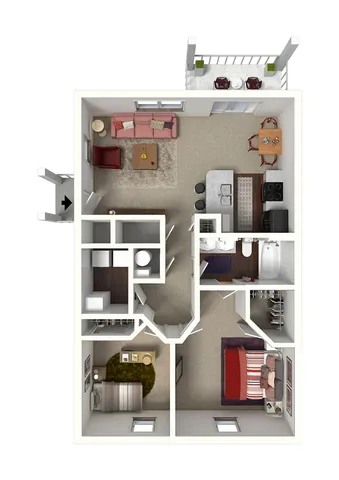 Modern 3D floor plan featuring 2 cozy bedrooms, an open living and dining area, sleek kitchen, and a private balcony.