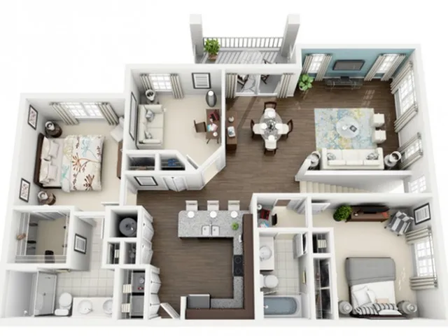 Rhapsody Floor Plan | 3 Bedroom with 2 Bath | 1358 Square Feet | The Marq Highland Park | Apartment Homes