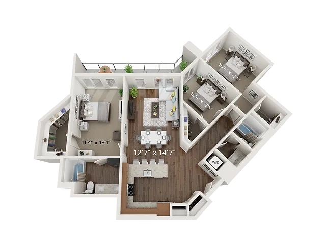C2 Floor Plan | 3 Bedroom with 2 Bath | 1288 Square Feet | Park Avenue  | Apartment Homes
