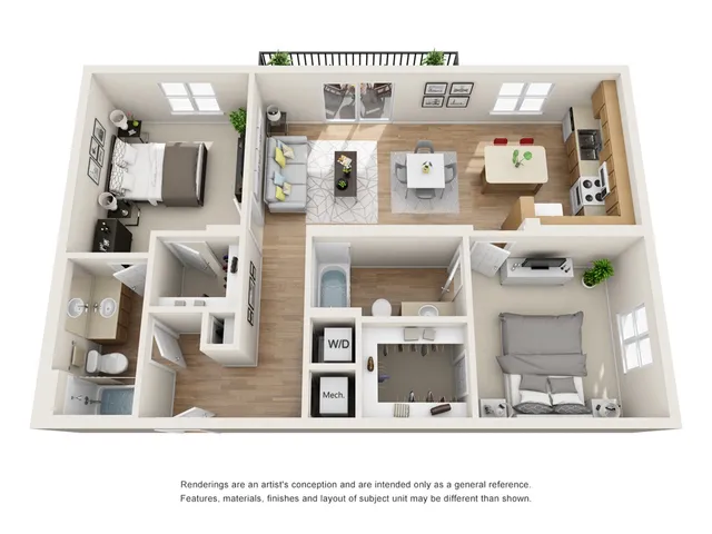 The Noveau Floor Plan | 2 Bedroom 2 Bath | 1078 Square Feet | Cottonwood Bayview | Apartment Homes
