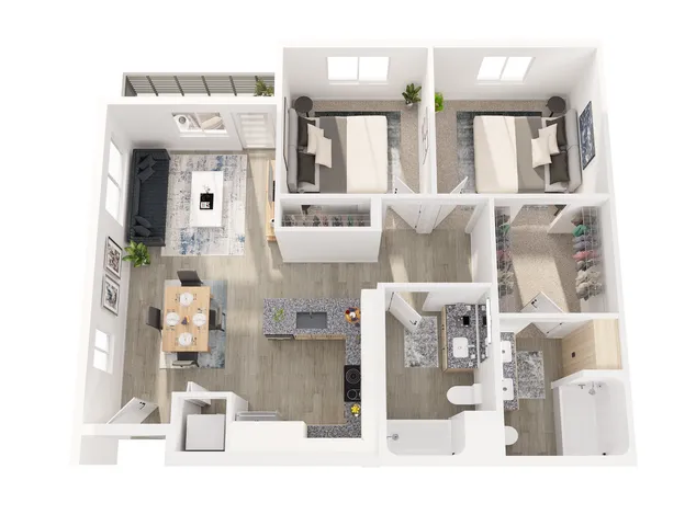 2E Floor Plan | 2 Bedroom with 2 Bath | 1009 Square Feet | 805 Riverfront Apartments | Apartment Homes