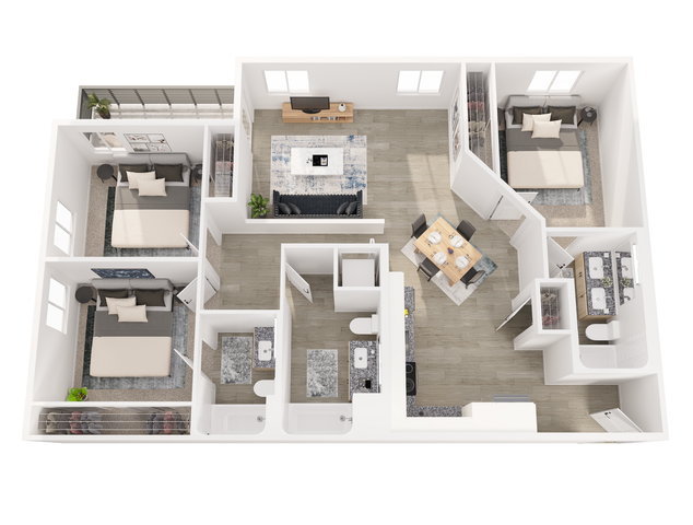 3A Floor Plan | 3 Bedroom with 3 Bath | 1303 Square Feet | 805 Riverfront Apartments | Apartment Homes