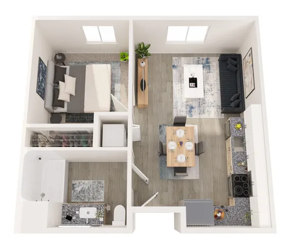 1B Floor Plan | 1 Bedroom with 1 Bath | 558 Square Feet | 805 Riverfront Apartments | Apartment Homes