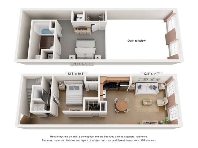Elegant 3D floor plan showcasing a two-level loft with spacious living room, modern kitchen, and two stylish bedrooms. Open concept design with ample natural light at Alpha Mill Apartments in Charlotte NC
