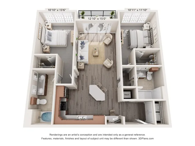 Chic 3D floor plan showcasing 2 spacious bedrooms, inviting open living area, and modern kitchen. Ample natural light and elegant design promise comfort and style at Alpha Mill Apartments in Uptown Charlotte
