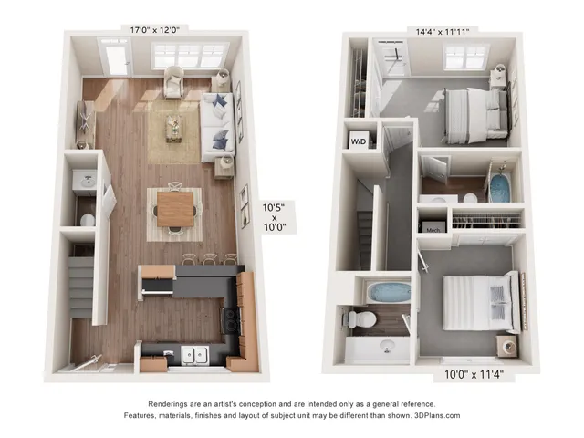 Modern two-story floor plan featuring an open-concept living and dining area, spacious kitchen, two cozy bedrooms, and elegant bathrooms at Alpha Mill Apartments in Uptown Charlotte