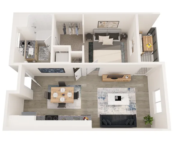 Modern 1-bedroom apartment floor plan with open living area, dining space, sleek kitchen, and balcony at 905 Riverfront Apartments in West Sacramento