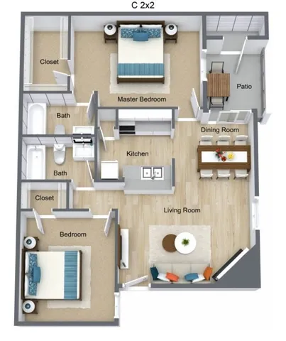 Floor Plan C | 2 Bed 2 Bath | 920 sq ft | Steepleway Downs Apartments in Houston