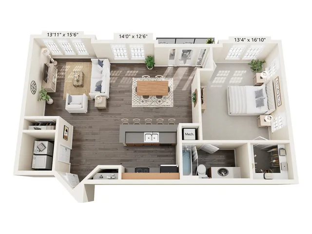 1X1-A16 Floor Plan | 1 Bedroom with 1 Bath | 960 Square Feet | Alpha Mill Apartments