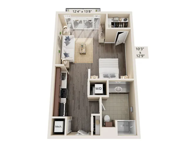 0X1-S2 Floor Plan | Studio with 1 Bath | 537 Square Feet | Alpha Mill Apartment Homes