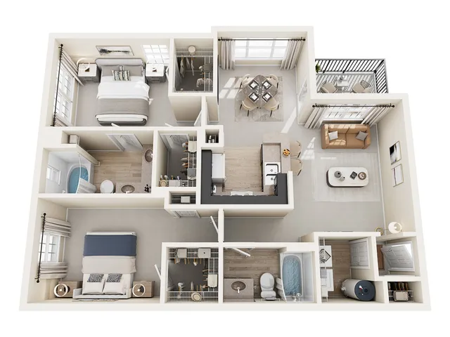 D Floor Plan | 2 Bedroom with 2 Bath | 1138 sq ft | Raveneaux Apartments in Houston