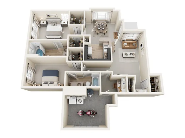 E1 Renovated Floor Plan | 2 Bed 2 Bath | 1259 sq ft | Raveneaux Apartments | Houston, TX