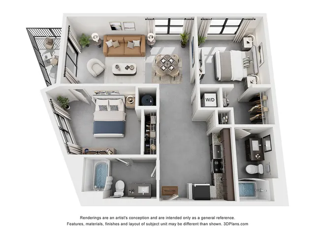 The Kandinsky Floor Plan | 2 Bedroom 2 Bath | 1133 sq ft | Cottonwood Westside Apartments | Atlanta, Georgia