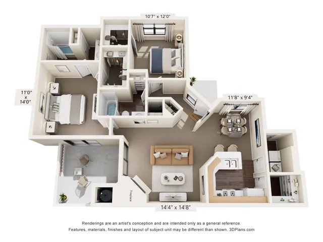 E Classic Floor Plan | 2 Bedroom 2 Bath | 1241 sq ft | Pavilions Apartments | Albuquerque, NM