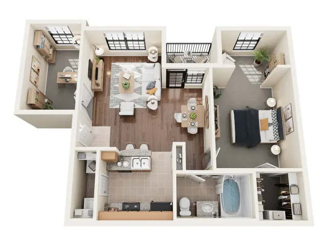 Top-down 3D floor plan of a furnished apartment, showing one bedroom, living and dining areas, kitchen, bathroom, and a calm, modern layout.