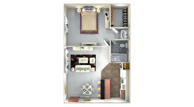 Apartment floor plan showcasing an open-concept living area, modern kitchen, and cozy dining space.