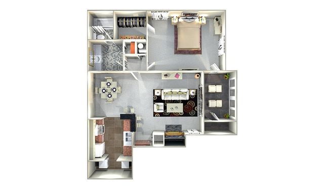 Contemporary 2D floor plan showcasing a single bedroom, open living space, modern kitchen, and a cozy dining area.