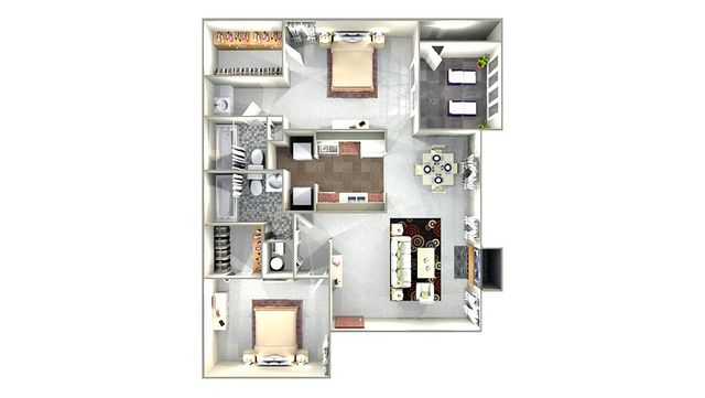 Modern 2D floor plan showcasing 2 bedrooms, cozy living area, and a well-appointed kitchen with adjacent dining space.