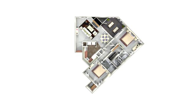 Modern apartment floor plan showcasing a spacious living area, two stylish bedrooms, and a functional kitchen with sleek designs.