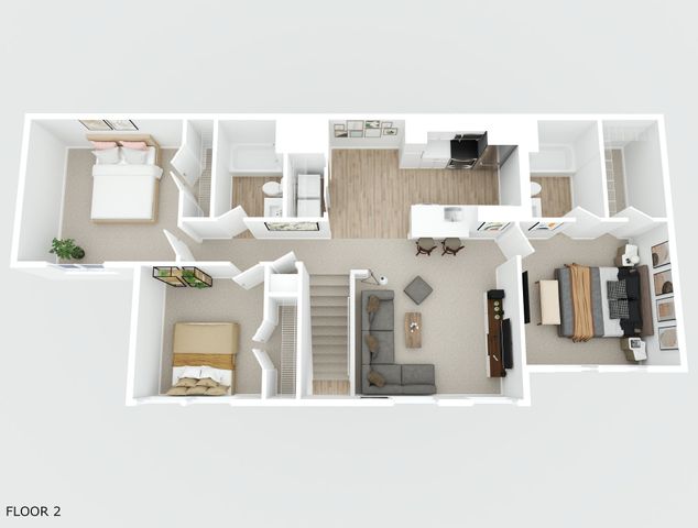 Elegant floor plan showcasing a second level with 3 bedrooms, a cozy living area, modern kitchen, and two bathrooms.