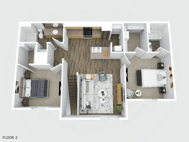 Sleek floor plan showcasing two spacious bedrooms, elegant living area, modern kitchen, and two bathrooms.