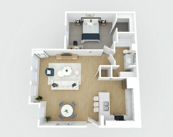 Modern 3D floor plan showcasing a Large stylish 1-bedroom apartment with an open-concept living room, sleek kitchen, and cozy dining area.