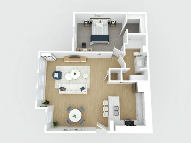 Modern 3D floor plan showcasing a spacious one-bedroom apartment with an open-concept living area, sleek kitchen, and cozy dining space.