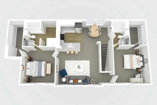 Elegant 3D floor plan depicting 2 bedrooms, open-concept living area, modern kitchen with bar seating, and 2 bathrooms above your private garage.