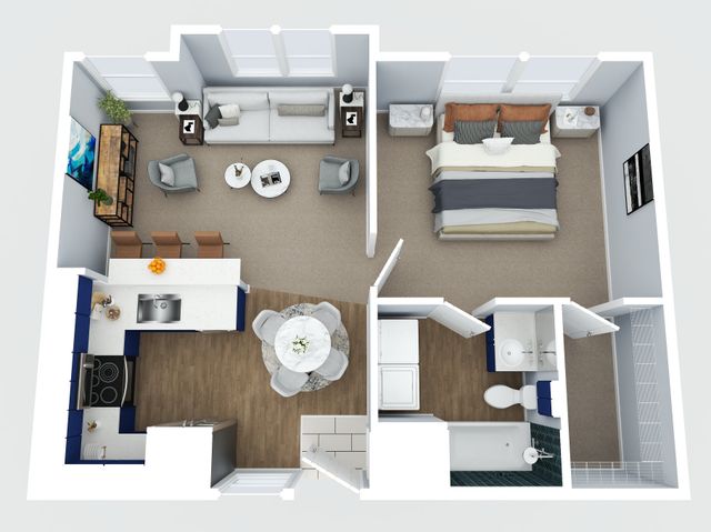 Modern 3D floor plan showcasing a spacious one-bedroom apartment with an open living room, stylish kitchen with breakfast bar, and a well-appointed bathroom.