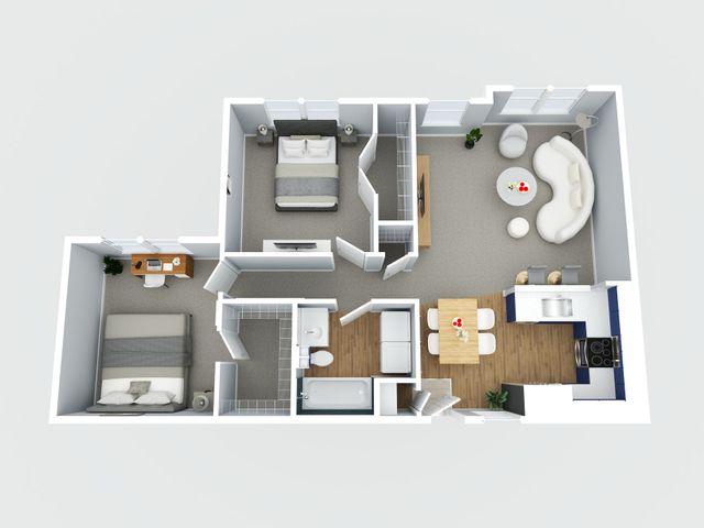 Contemporary 3D floor plan showcasing a cozy 2-bedroom apartment with a modern open-concept kitchen, stylish living room, and elegant dining area.