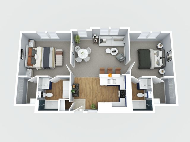 Chic 3D floor plan showcasing 2 bedrooms, cozy living area, modern kitchen, and two bathrooms.