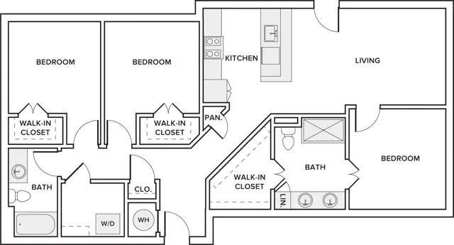 1283 square foot 3-bedroom 2-bath apartment floorplan image