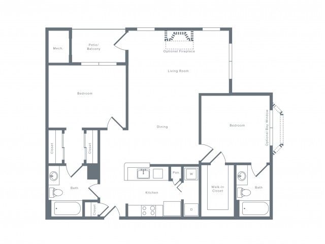 1112 square foot two bedroom two bath apartment floorplan image