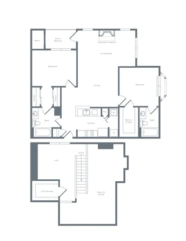 1353 square foot two bedroom loft two bath apartment floorplan image