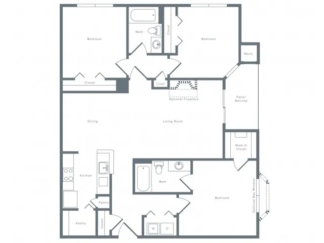1240 square foot three bedroom two bath apartment floorplan image