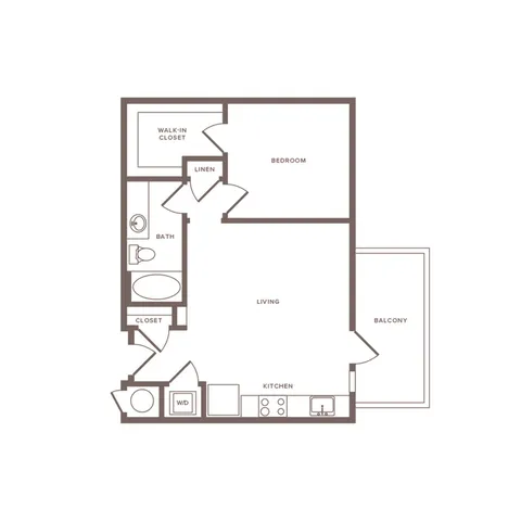 670 square foot one bedroom one bath apartment floorplan image