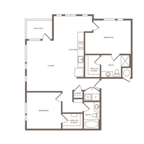 1167 square foot two bedroom two bath apartment floorplan image