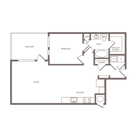 791 to 882 square foot one bedroom one bath with laundry closet apartment floorplan image