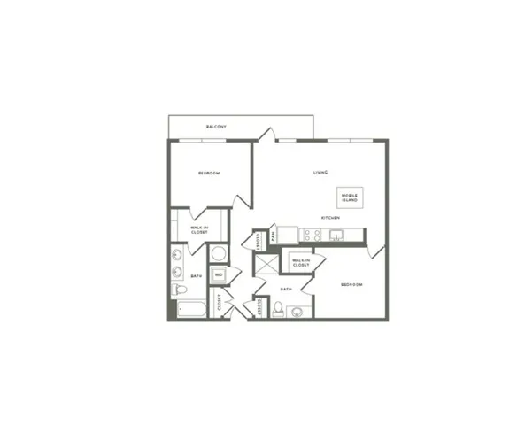 1073 square foot two bedroom two bath apartment floorplan image