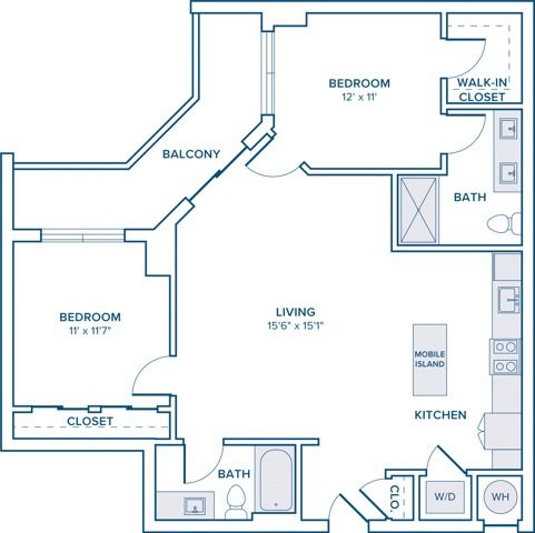 1084 square foot two bedroom two bath apartment floor plan in St. Petersburg, FL